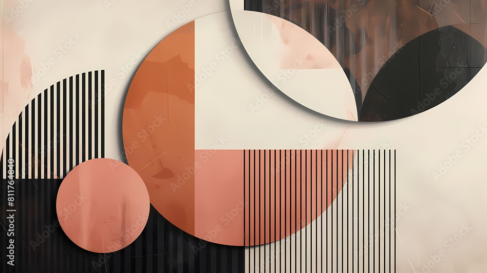 Poster minimalist composition with geometric patterns and muted tones featuring a round circle and a white 