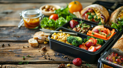 School lunch box with tasty food on wooden table