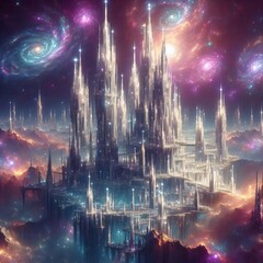 Generative Ai Celestial Citadel Create an otherworldly citadel floating among the stars, its crystalline towers reaching towards distant galaxies while glowing with ethereal light, surrounded by shimm