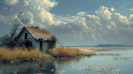 A ramshackle hut by the waters edge, it appears derelict. Generative AI.