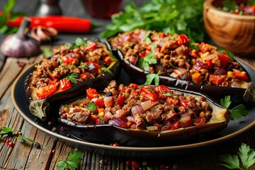 Eggplant stuffed with vegetables and meat on wooden table