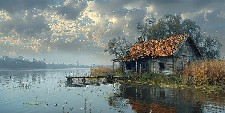 A ramshackle hut by the waters edge, it appears derelict. Generative AI.