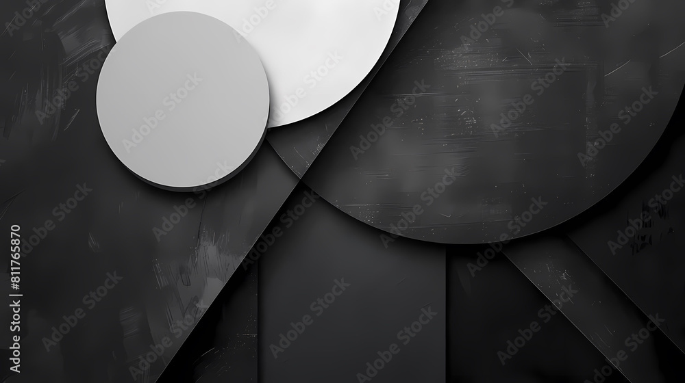 Poster minimalist composition with intersecting geometric forms, featuring a white circle and a black and w