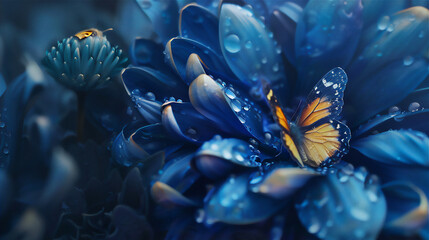 Wet blossom blue flower with yellow butterfly in close up artistic painting style. Summer theme illustration. 