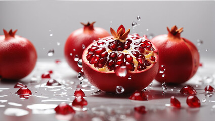 A pomegranate with water droplets on it.

