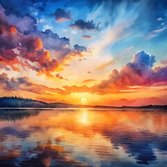Fototapeta na wymiar A vibrant sunset over a calm ocean casting colorful reflections on the water 