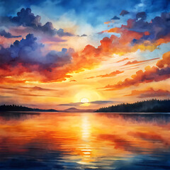 A vibrant sunset over a calm ocean casting colorful reflections on the water
