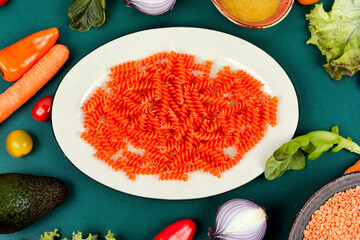 Gluten free fusilli or pasta.