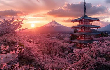 Japanese pagoda, building or house intersecting with the beautiful mount fuji scenery, stunning view, created with AI