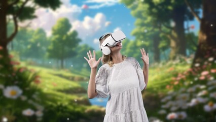 Excited woman looking around by VR surround enchant wonderful fairytale forest wild flower with...