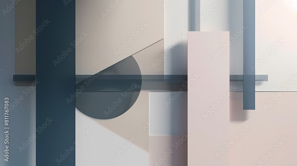 Poster minimalist composition with intersecting lines and muted tones, featuring a white wall as the main f