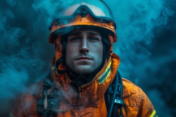 Fototapeta premium A portrait of a firefighter in full gear with a contemplative look, engulfed in blue smoke