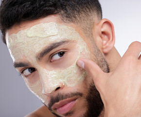 Apply, skincare or man with face mask for cleaning, detox or healthy pores for beauty in studio....