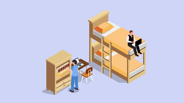 Two college students in a dormitory room. Student wearing business suit on bunk bed using laptop computer 3d animation cartoon