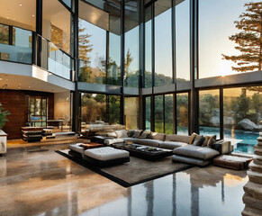 Luxurious modern mansion bathed in warm afternoon sunlight. The exterior features clean lines, floor-to-ceiling windows, and a mix of natural stone and sleek wood paneling. Inside, an open floor plan 