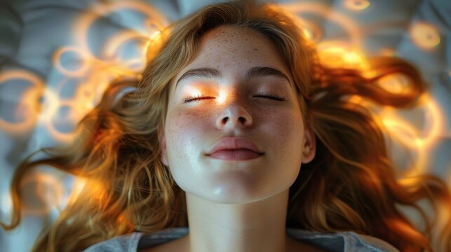 A young lady having a hypnotherapy session, relaxed, magical. Generative AI.
