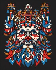 Fototapeta premium A man wearing a crown on his head and sporting a majestic beard, set against a vibrant background