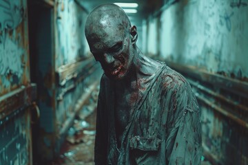 A figure resembling a zombie stands eerily in a dark, narrow hallway, creating a horror atmosphere