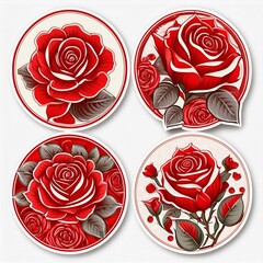 Circular Red Flower Stickers showcasing illustrations of ruby roses, their velvety petals
