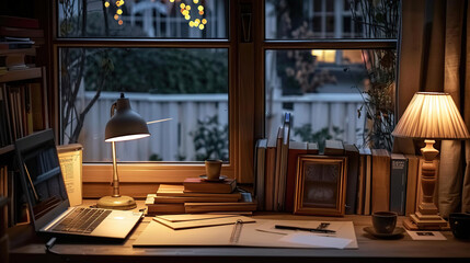 Well-organized home office desk with warm lighting, encouraging a productive and inviting workspace