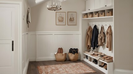 Aesthetic entryway with built-in storage for shoes, coats, and bags. Side view