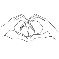 Baby feet in the heart one line drawing. Little foot in hands print. Married couple with a child newborn. Heart with hands. New family art. Black continuous line on white background.