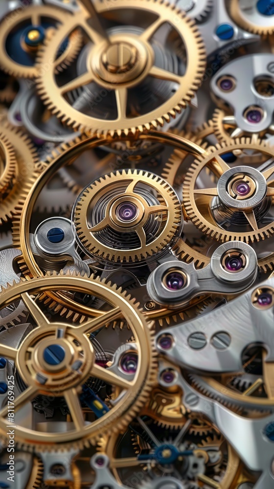 Poster a top down view of the insides of a mechanical clock with old fashioned gear wheels and jewels. gene