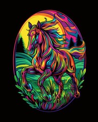 A colorful horse with a flowing mane running through a lush field of grass