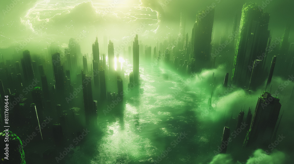 Poster a green cityscape with a river running through it. the buildings are tall and the sky is cloudy