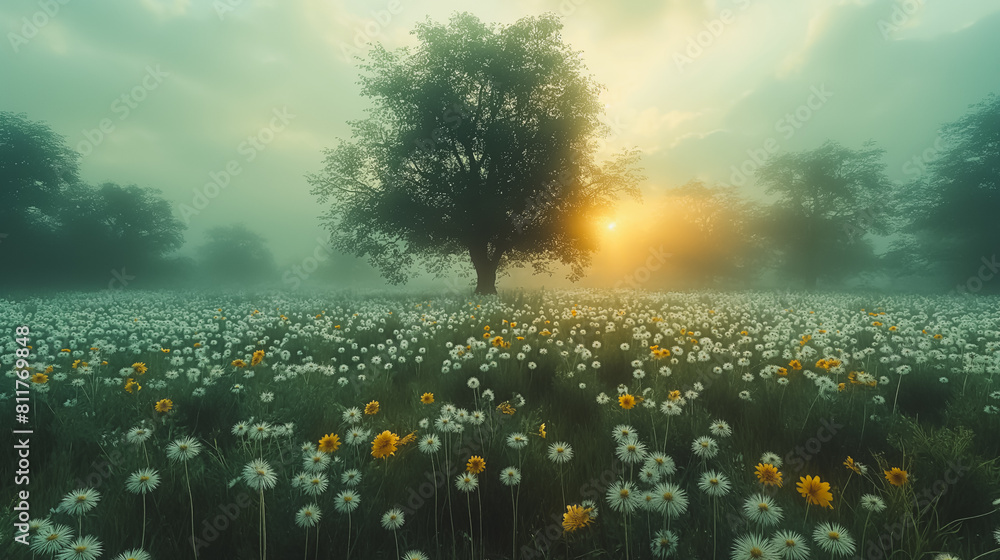Poster a field of flowers with a tree in the middle. the sun is setting and the sky is cloudy