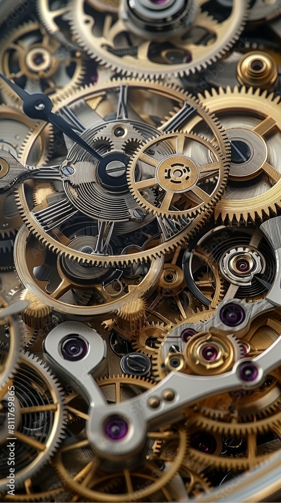 Poster a top down view of the insides of a mechanical clock with old fashioned gear wheels and jewels. gene