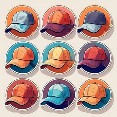 Circular Summer Hat Stickers featuring illustrations of sporty hats