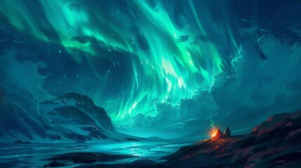 A serene depiction of a couple in sleeping bags, watching the aurora dance across the sky from a cliffside camp