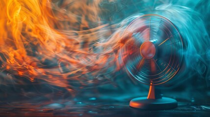 A retro fan blows hot and cold air simultaneously. - obrazy, fototapety, plakaty