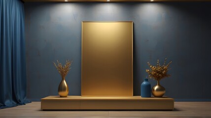 Blank wall art mockup, close-up, vertical blank mockup with podium blue wall theme
