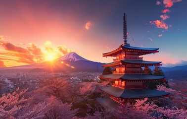 Japanese pagoda, building or house intersecting with the beautiful mount fuji scenery, stunning...