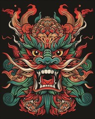 Fototapeta premium A dragon-faced mask with intricate details, set against a striking black background