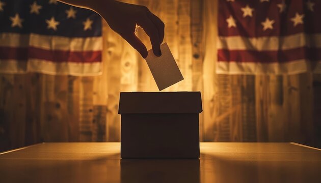 A silhouette of a hand dropping a voting card into a ballot box against a backdrop of stars and stripes, representing freedom and democracy