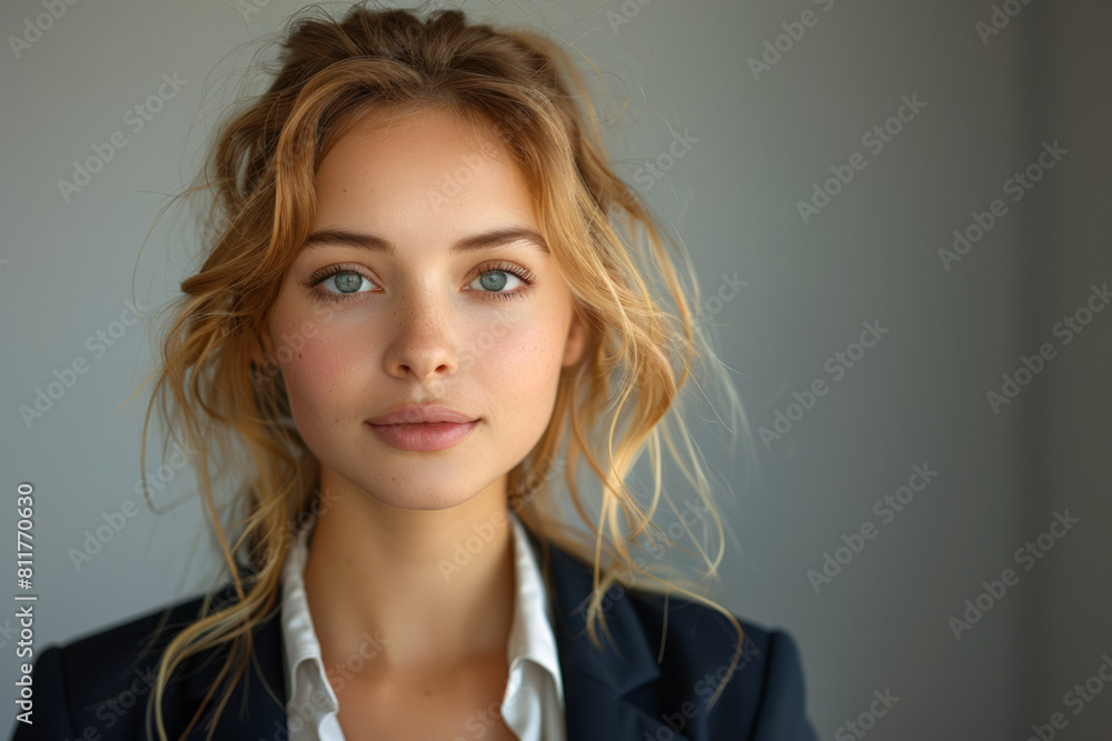 Wall mural Blonde woman with blue eyes closeup in business suit against blank grey wall, with copy space