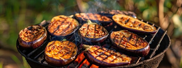 Fototapeta premium grilled eggplants on the grill against the background of nature. Selective focus