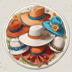Circular Summer Hat Stickers showcasing illustrations of vintage-inspired hats