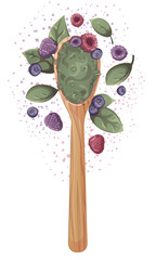 Wooden spoon with green loose tea with berries. Tea shop, cafe, bar, party, tea ceremony, food concept. Vector illustration for poster, banner, menu, website