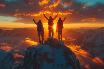 Three people are standing on a mountain peak, with one of them holding a flag. The sun is setting in the background, creating a warm and peaceful atmosphere. Concept of adventure and accomplishment - Powered by Adobe