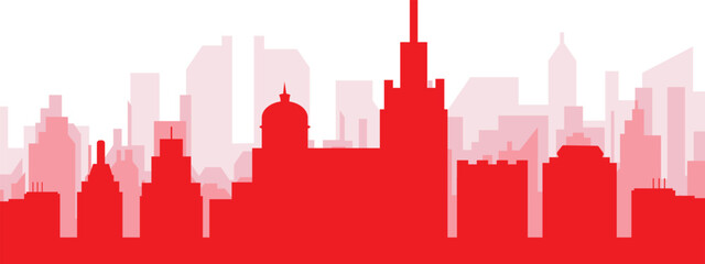 Obraz premium Red panoramic city skyline poster with reddish misty transparent background buildings of MARSEILLE, FRANCE