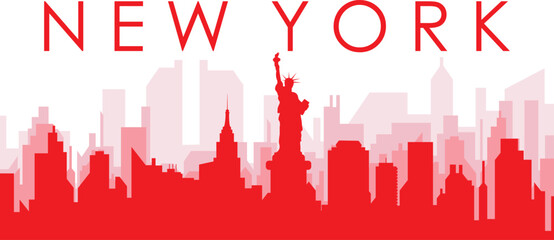 Fototapeta premium Red panoramic city skyline poster with reddish misty transparent background buildings of NEW YORK CITY, UNITED STATES