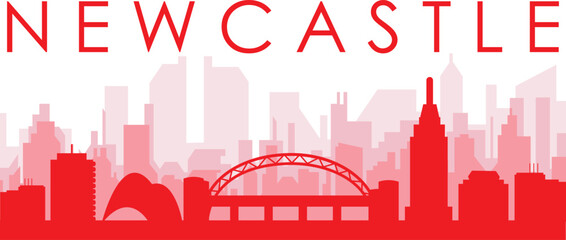 Fototapeta premium Red panoramic city skyline poster with reddish misty transparent background buildings of NEWCASTLE, UNITED KINGDOM