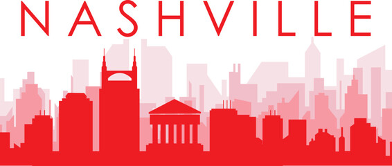 Red panoramic city skyline poster with reddish misty transparent background buildings of NASHVILLE, UNITED STATES