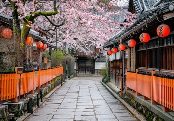 Traditional Japanese street, architecture, minimal, stunning cherry blossoms, clean, created with AI