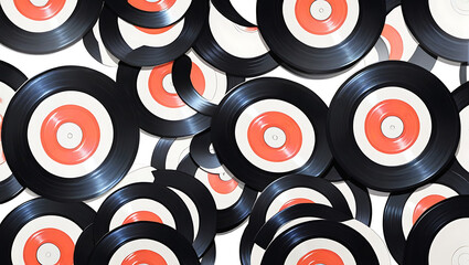 Vinyl music discs placed in a pattern on a white background with seamless design and plain white base, music