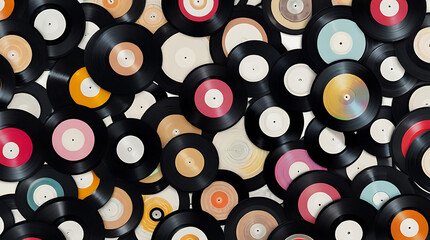 Vinyl music discs placed in a pattern on a white background with seamless design and plain white base, saucers